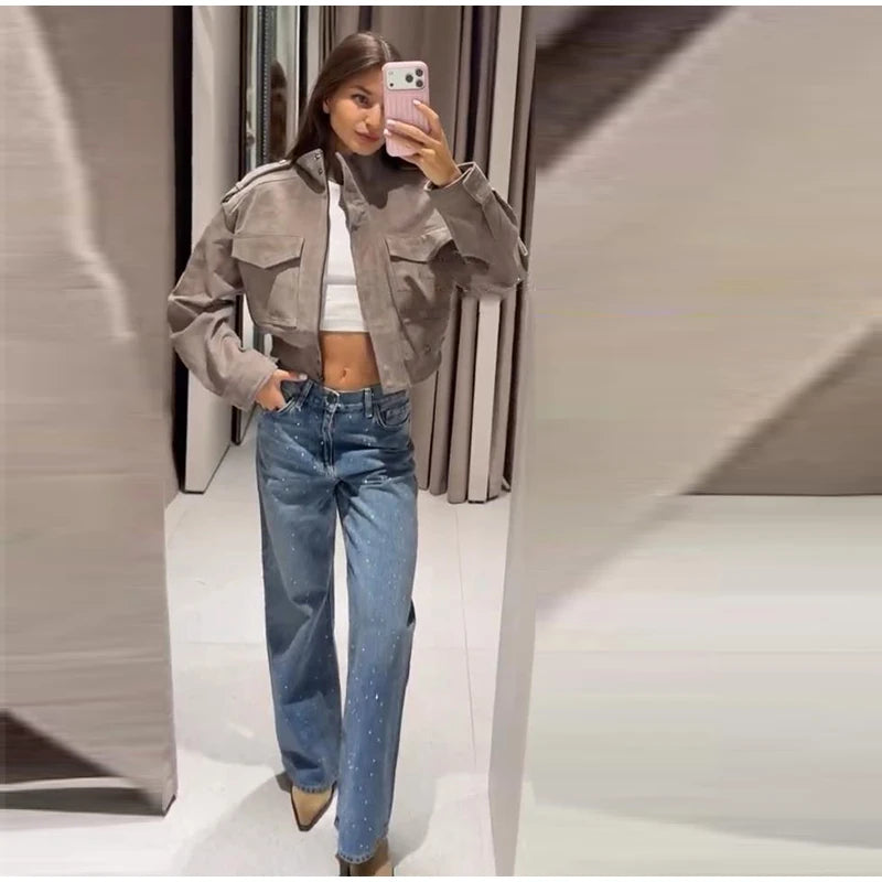 Women's Cropped Bomber Jacket – Grey Suede Jacket