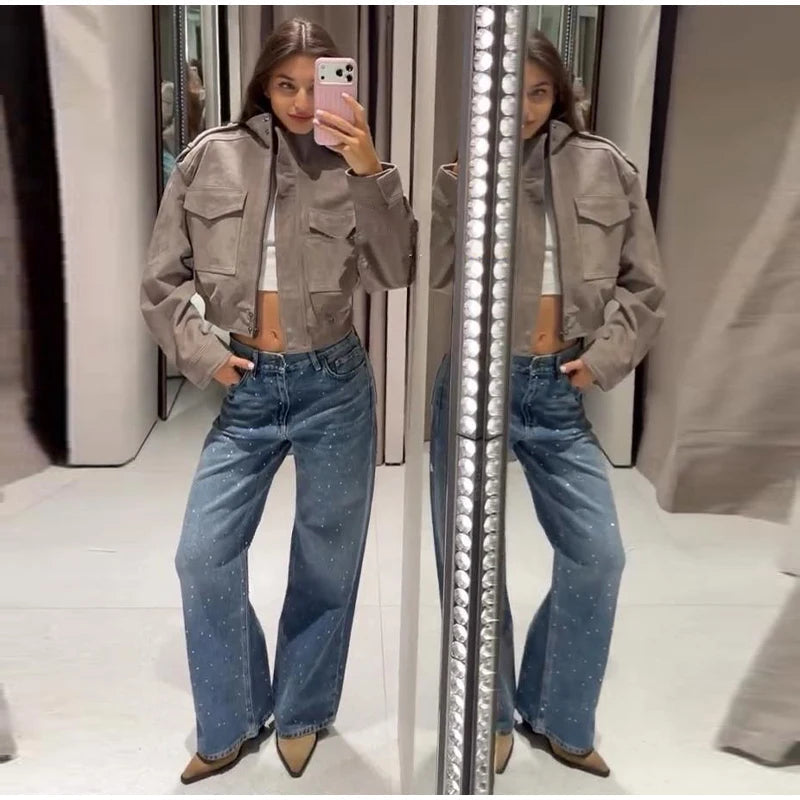 Women's Cropped Bomber Jacket – Grey Suede Jacket