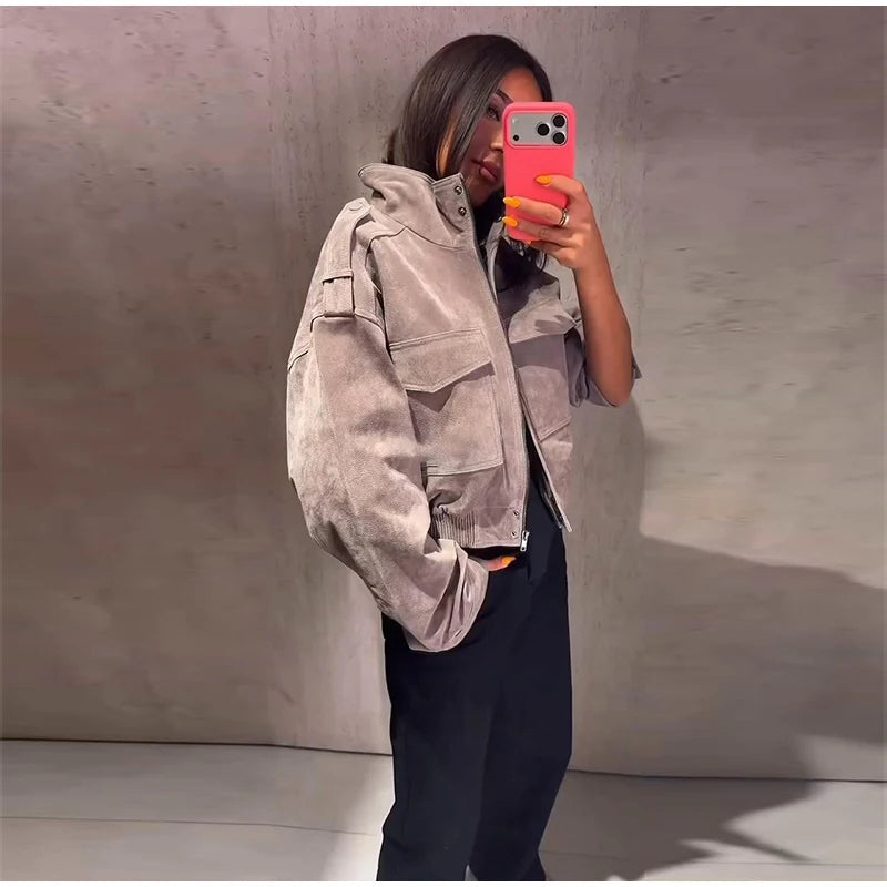 Women's Cropped Bomber Jacket – Grey Suede Jacket