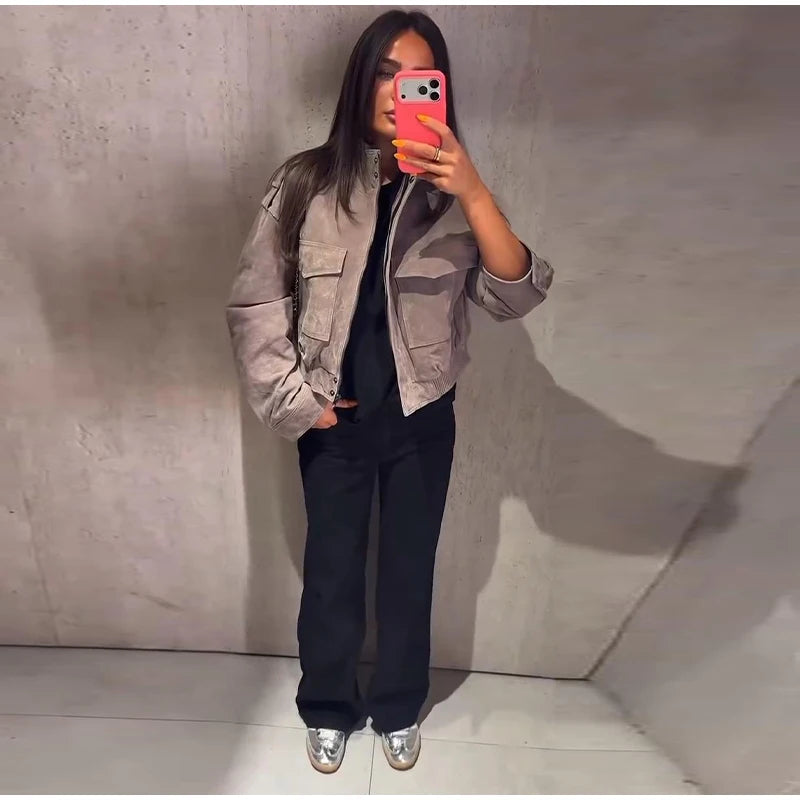 Women's Cropped Bomber Jacket – Grey Suede Jacket