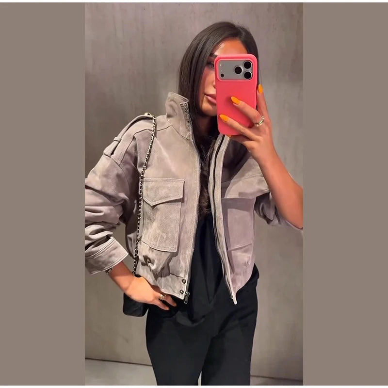 Women's Cropped Bomber Jacket – Grey Suede Jacket