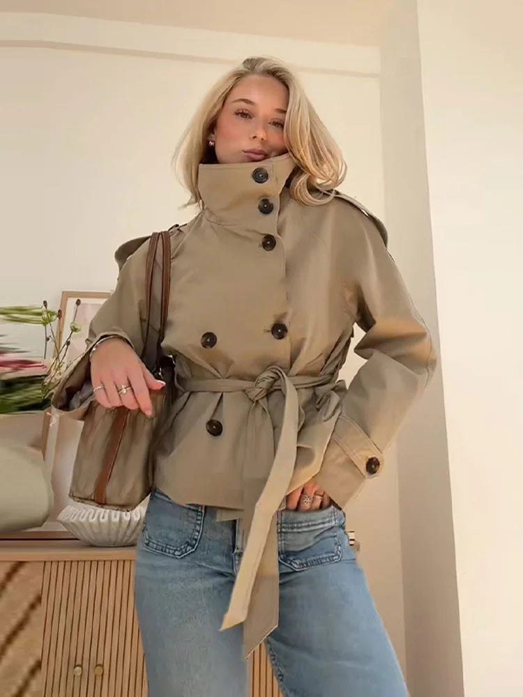 Women's Cropped Trench Coat – Belted Khaki Jacket