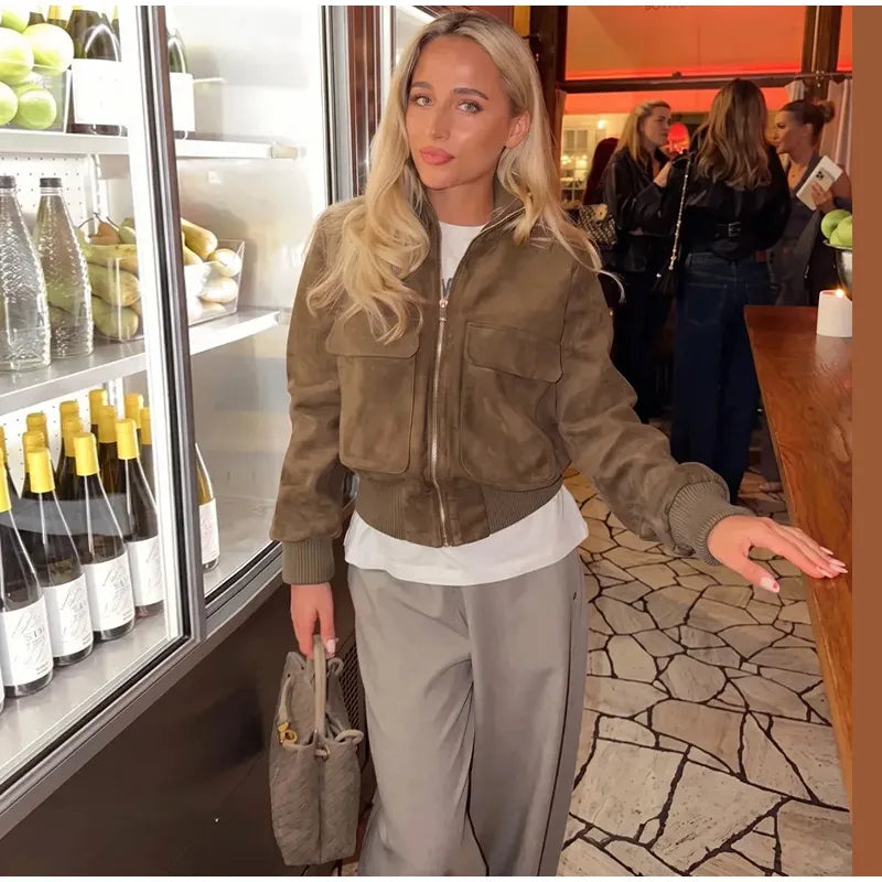 Women's Cropped Bomber Jacket – Brown Suede Jacket