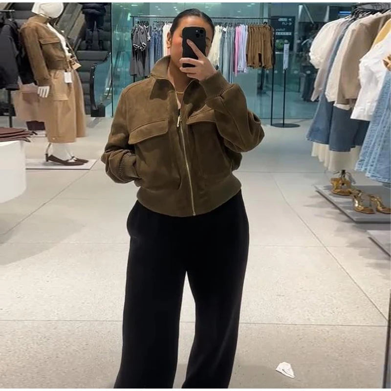 Women's Cropped Bomber Jacket – Dark Brown Suede Jacket