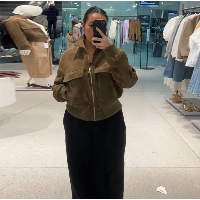 Women's Cropped Bomber Jacket – Dark Brown Suede Jacket
