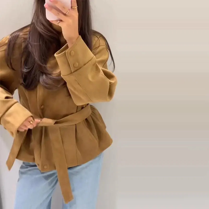 Women's Suede Jacket – Belted High Collar Khaki Jacket