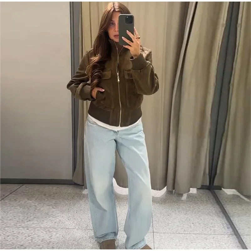 Women's Cropped Bomber Jacket – Dark Brown Suede Jacket