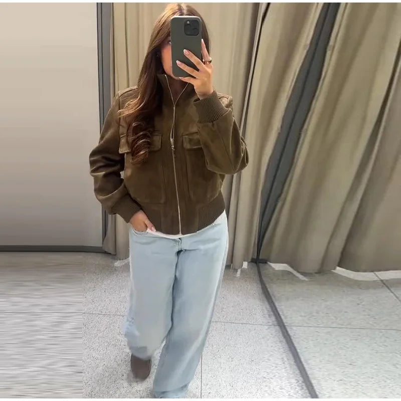Women's Cropped Bomber Jacket – Dark Brown Suede Jacket