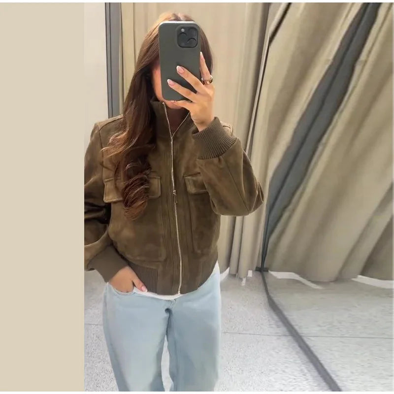 Women's Cropped Bomber Jacket – Dark Brown Suede Jacket