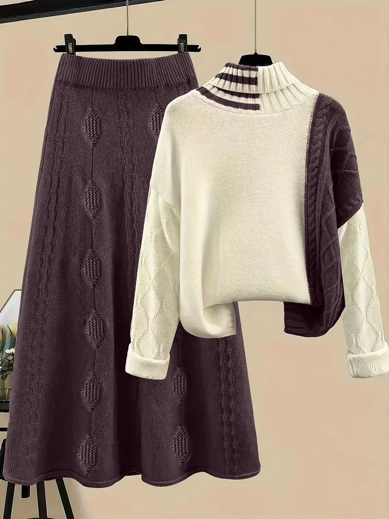 Women's Co-ord Set – Colour Block Roll Neck Jumper & Skirt