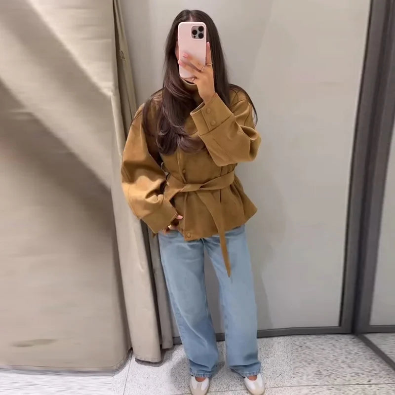 Women's Suede Jacket – Belted High Collar Khaki Jacket