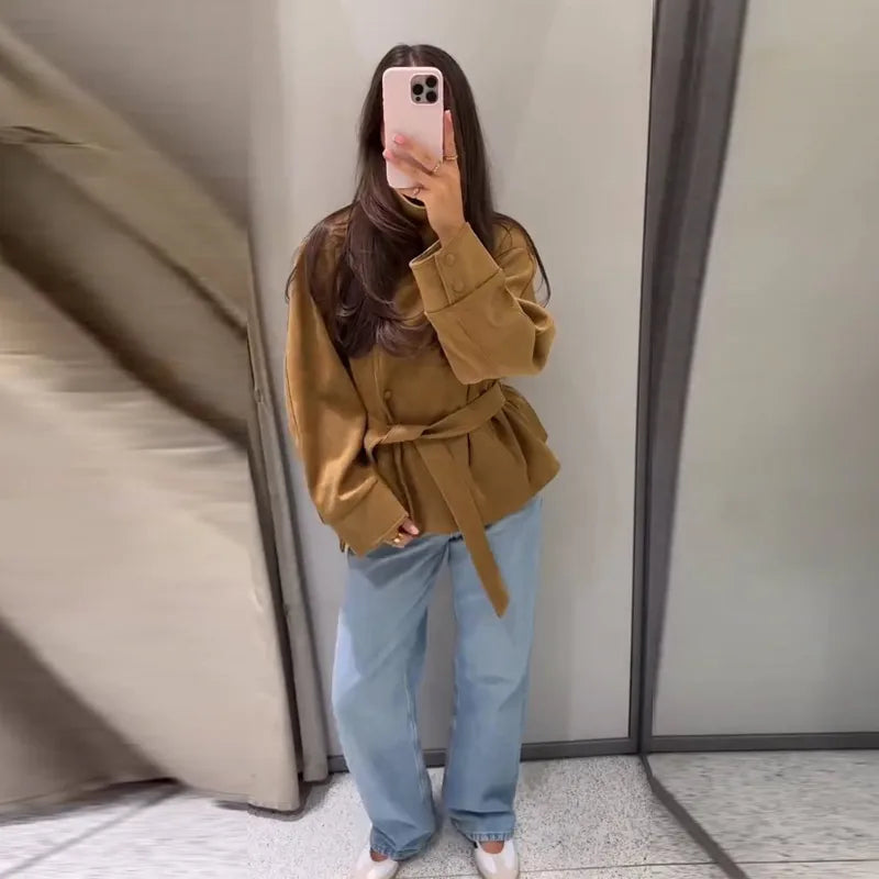 Women's Suede Jacket – Belted High Collar Khaki Jacket