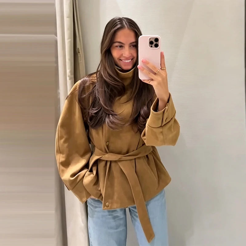 Women's Suede Jacket – Belted High Collar Khaki Jacket