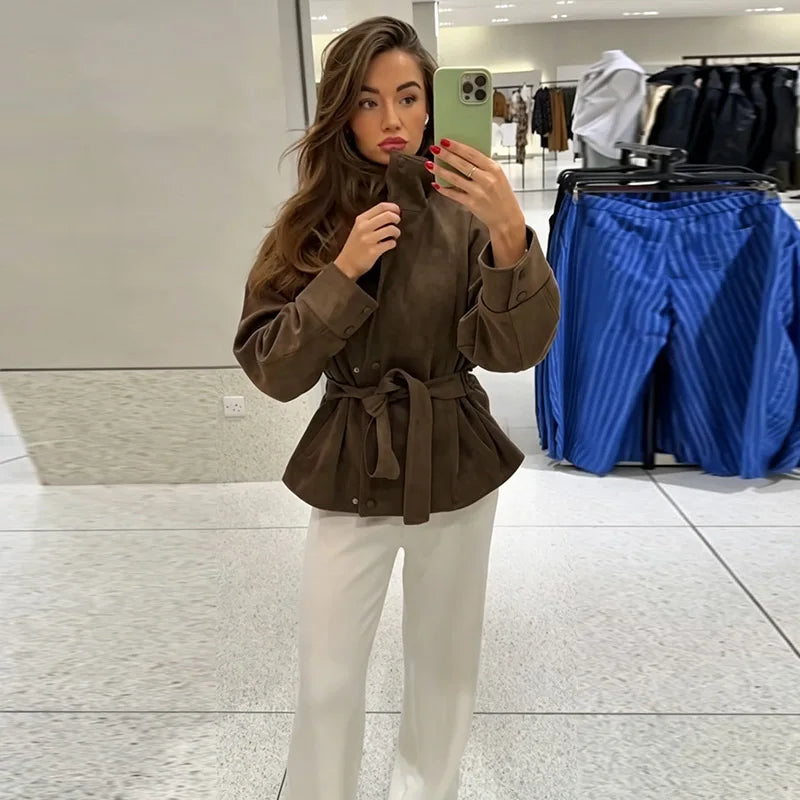 Women's Suede Jacket – Belted High Collar Brown Jacket