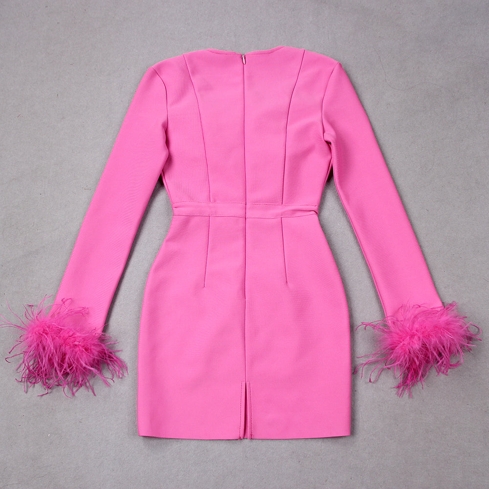 Women's Fitted Mini Dress with Feathered Cuffs