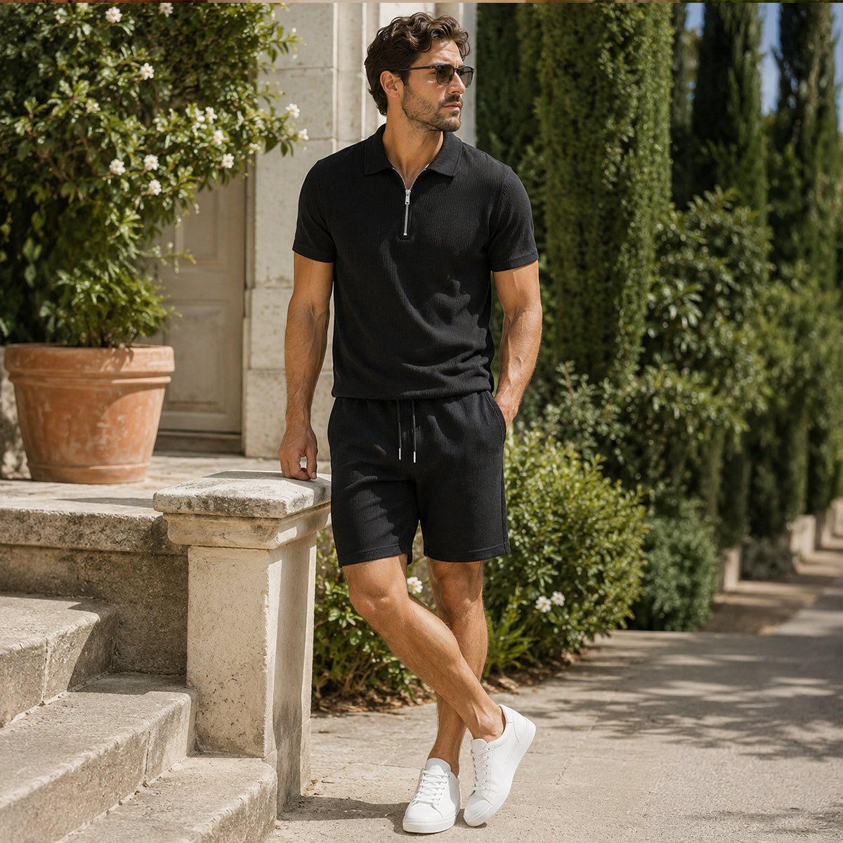 The Cheltenham Men’s Waffle Knit Zip-Up Shirt & Shorts Set