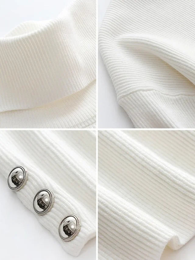 Women's High Collar Jumpers with Button Detail Sleeves and Relaxed Fit