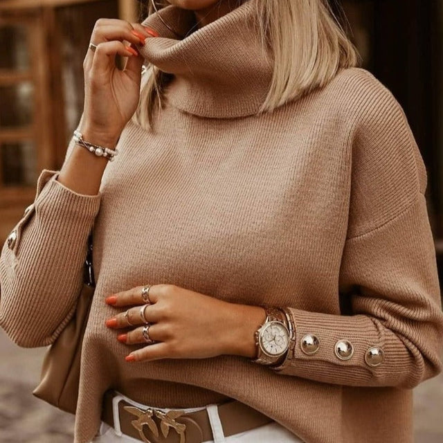 Women's High Collar Jumpers with Button Detail Sleeves and Relaxed Fit
