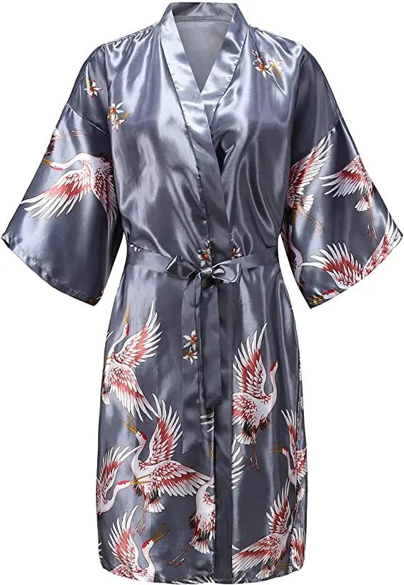Women's Satin Dressing Gown – Floral Print Robe with Belt