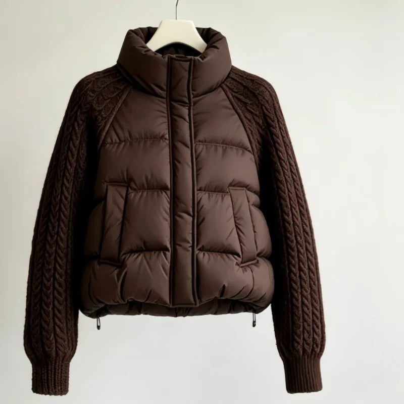 Women's Puffer Jacket – Padded Coat with Cable Knit Sleeves
