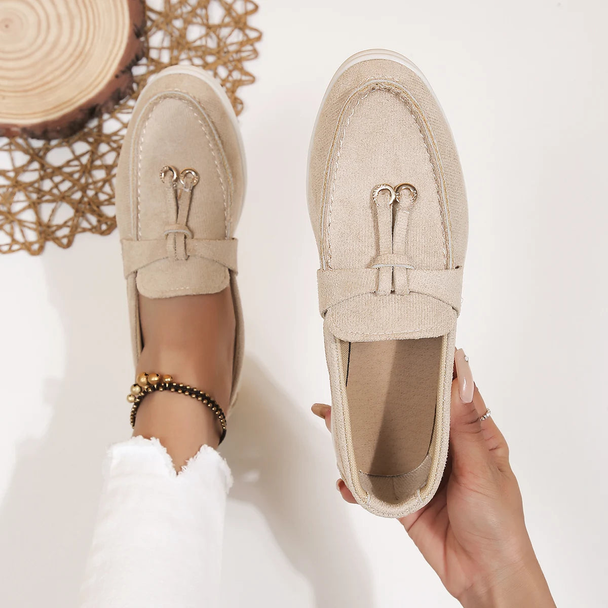 Suede Loafers for Women – Slip On Flat Shoes with Buckle Detail