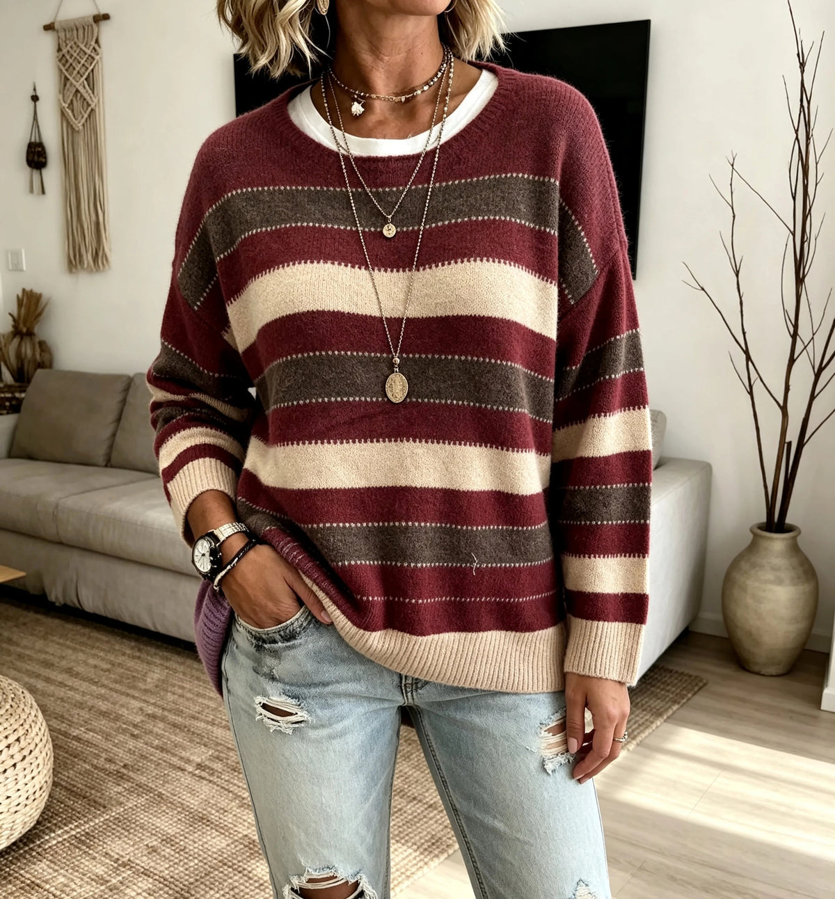 Women's Striped Jumper – Crew Neck Knitted Jumper