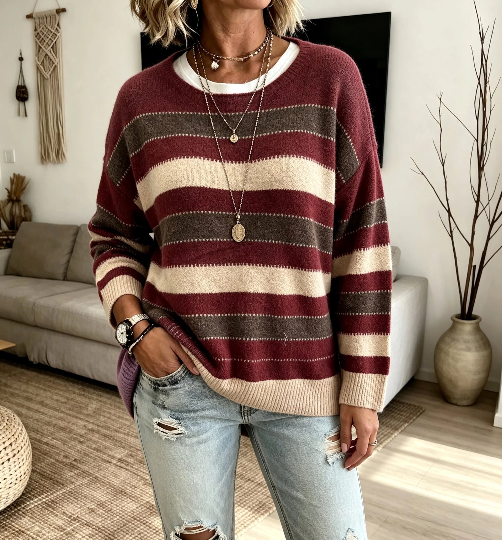 Women's Striped Jumper – Crew Neck Knitted Jumper