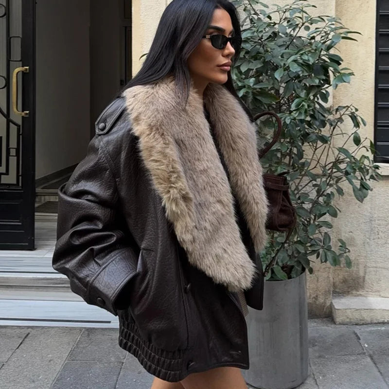 Women's Faux Fur Collar Jacket – Oversized Black Coat