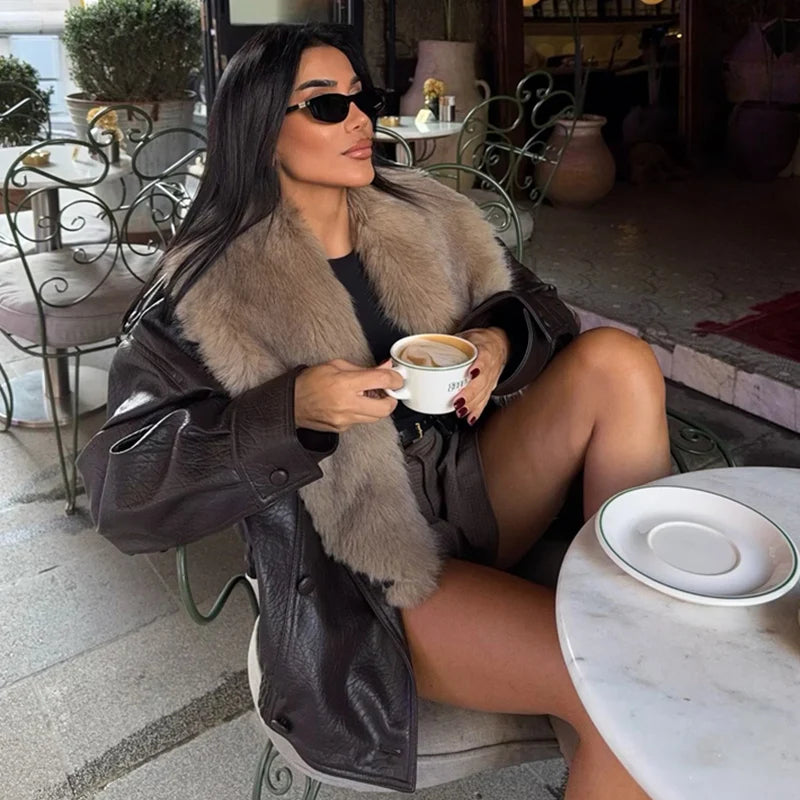 Women's Faux Fur Collar Jacket – Oversized Black Coat