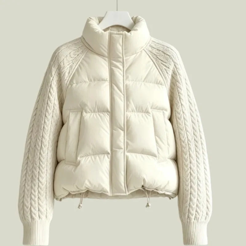 Women's Puffer Jacket – Padded Coat with Cable Knit Sleeves