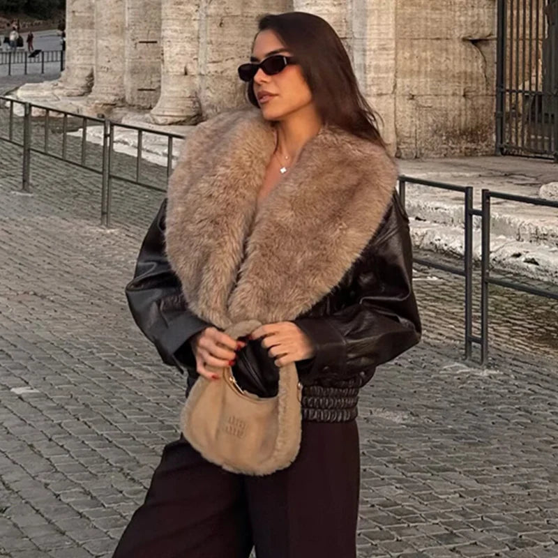 Women's Faux Fur Collar Jacket – Oversized Black Coat