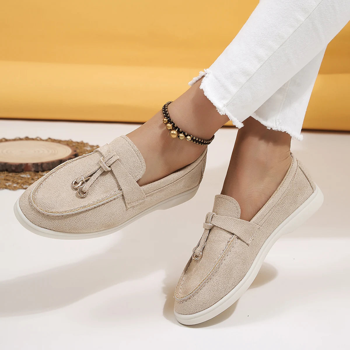 Suede Loafers for Women – Slip On Flat Shoes with Buckle Detail