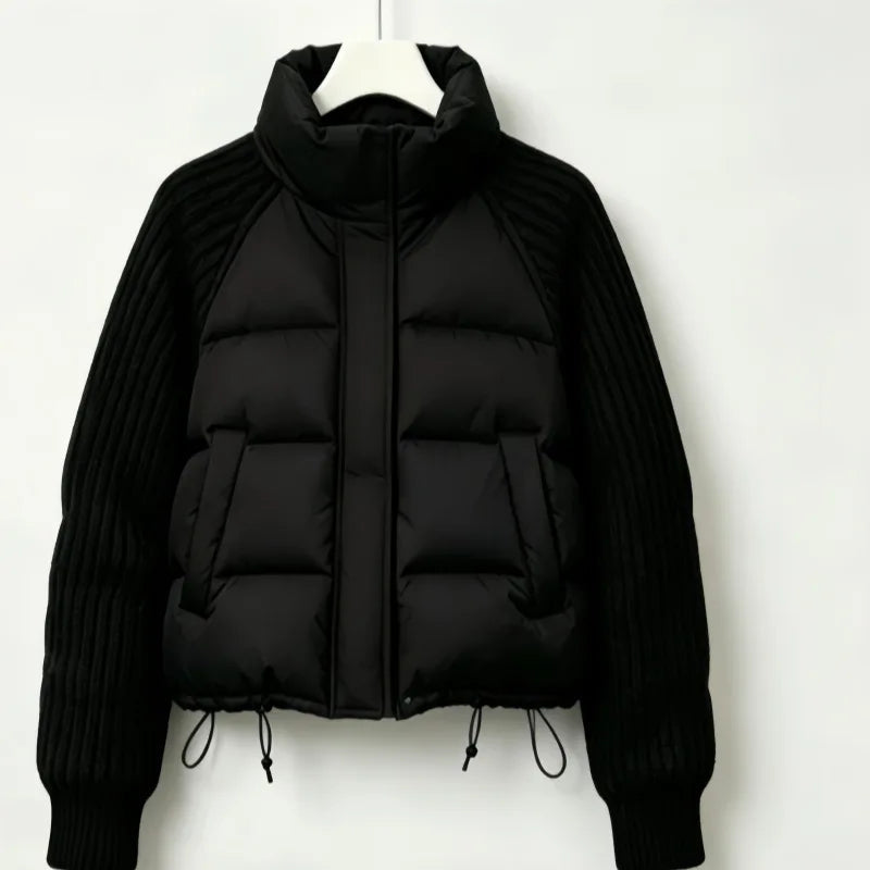 Women's Puffer Jacket – Padded Coat with Cable Knit Sleeves