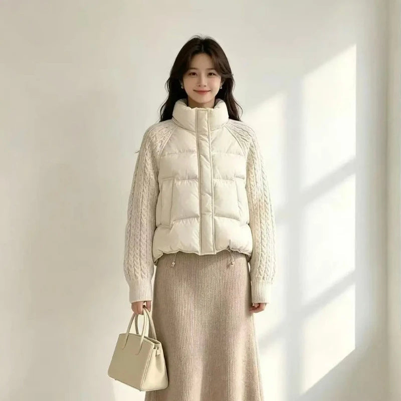 Women's Puffer Jacket – Padded Coat with Cable Knit Sleeves