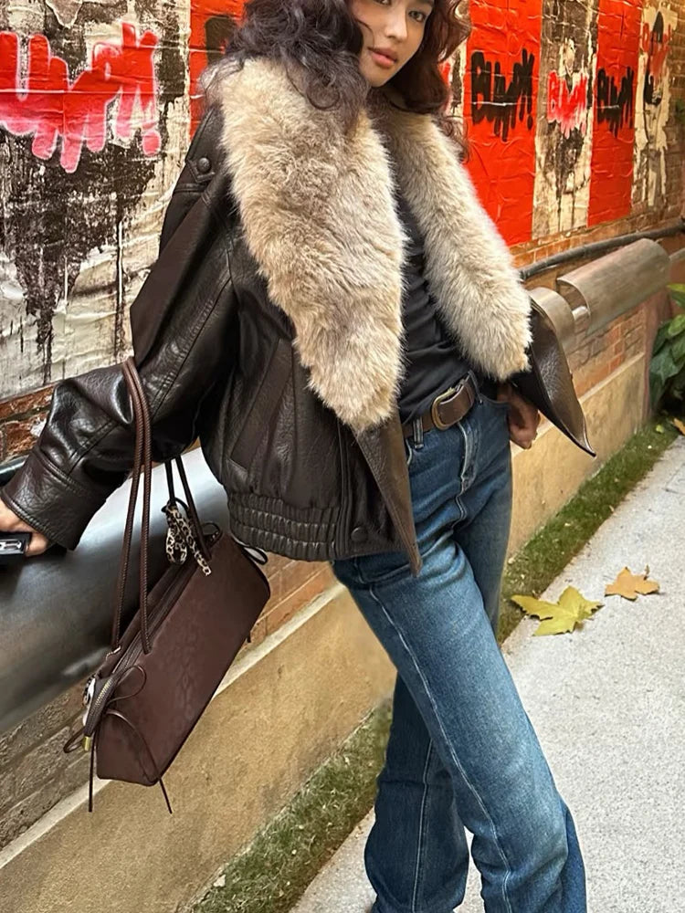 Women's Faux Fur Collar Jacket – Oversized Brown Coat