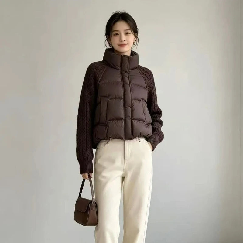 Women's Puffer Jacket – Padded Coat with Cable Knit Sleeves