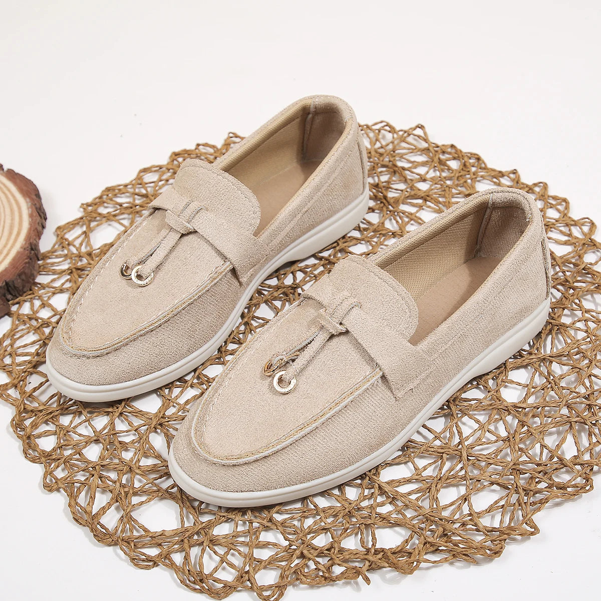 Suede Loafers for Women – Slip On Flat Shoes with Buckle Detail