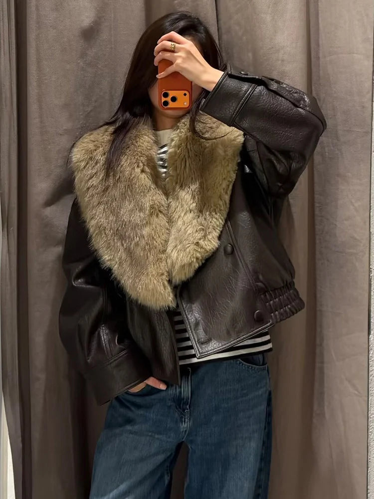 Women's Faux Fur Collar Jacket – Oversized Brown Coat