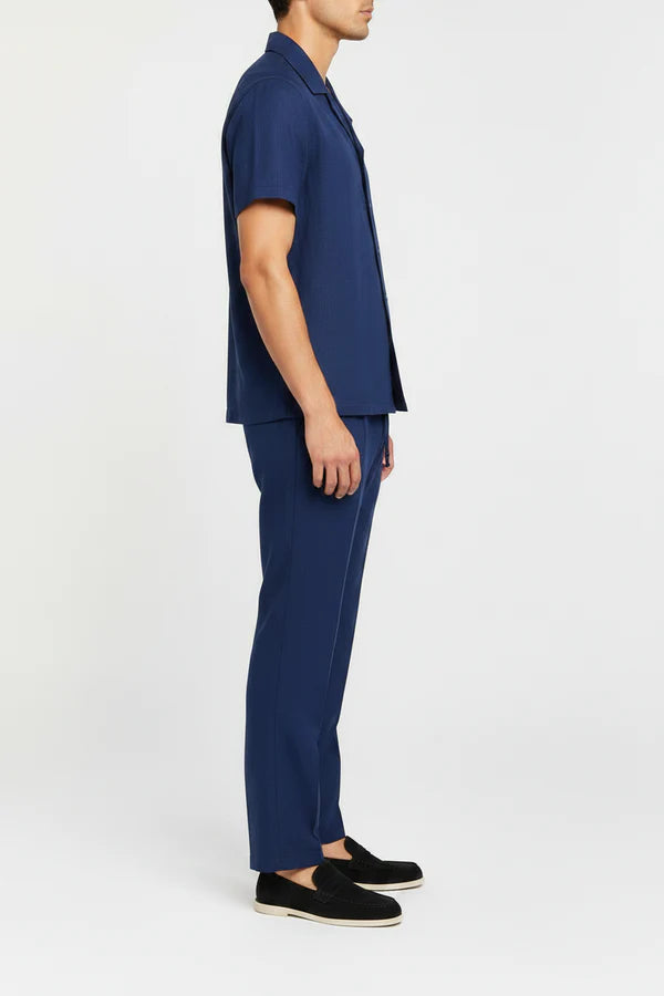 The Wilmington Men's Linen Collar Shirt & Tailored Trousers Set - Navy Blue