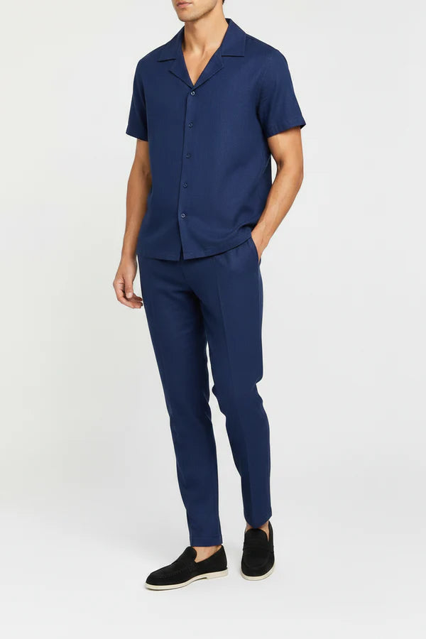 The Wilmington Men's Linen Collar Shirt & Tailored Trousers Set - Navy Blue
