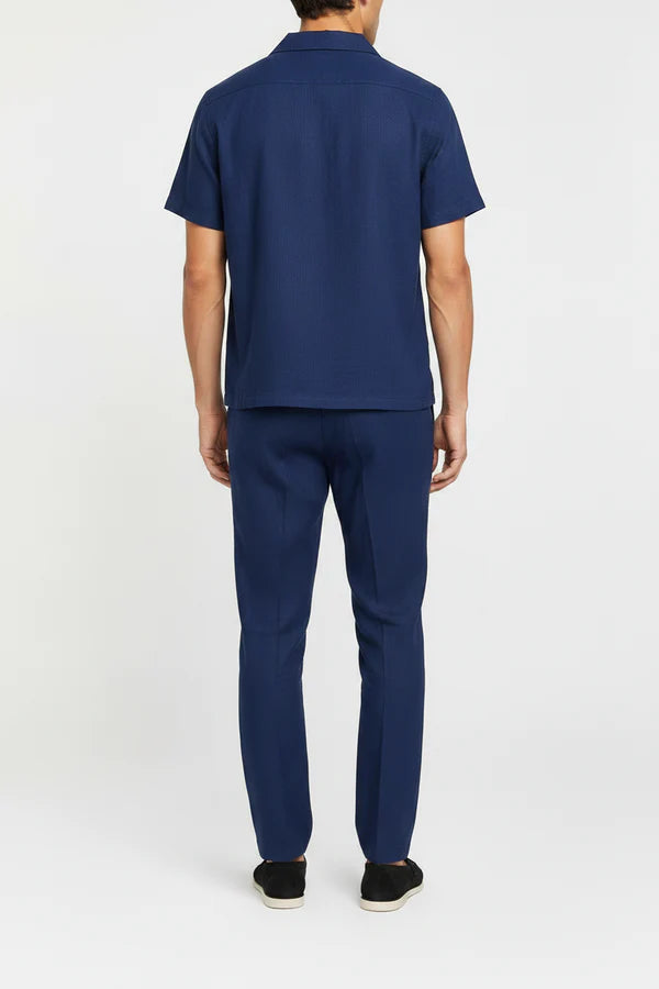 The Wilmington Men's Linen Collar Shirt & Tailored Trousers Set - Navy Blue