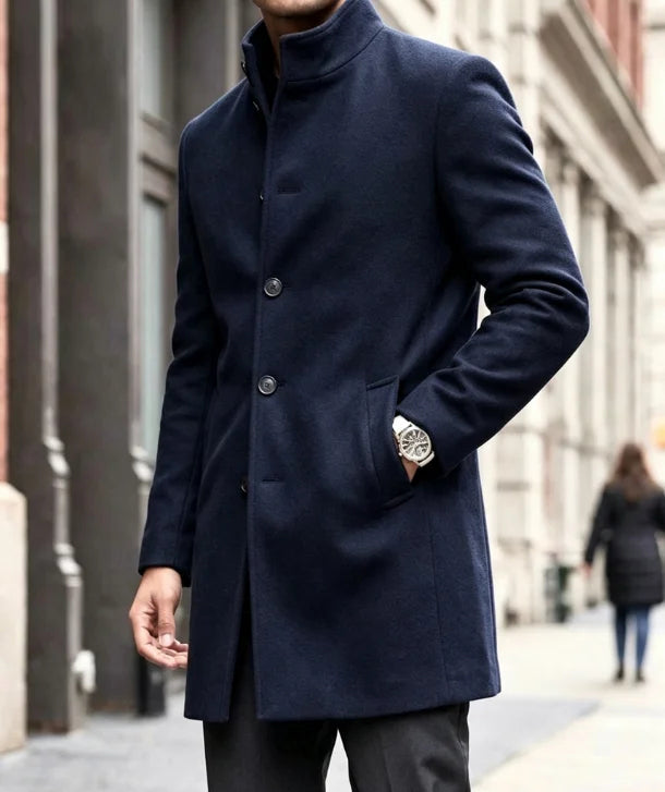 The Threadneedle Men's Single Breasted Stand Collar Overcoat