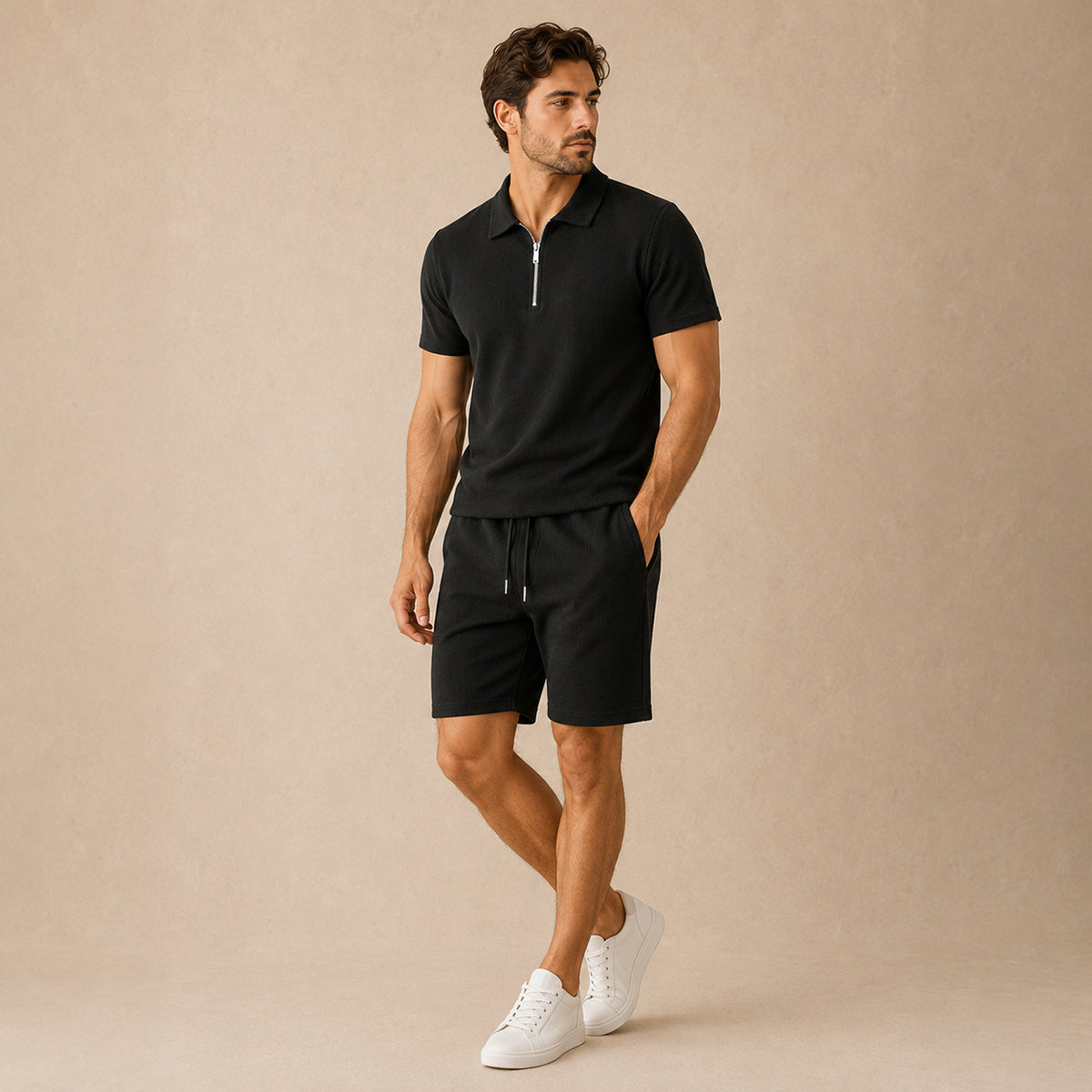 The Cheltenham Men’s Waffle Knit Zip-Up Shirt & Shorts Set