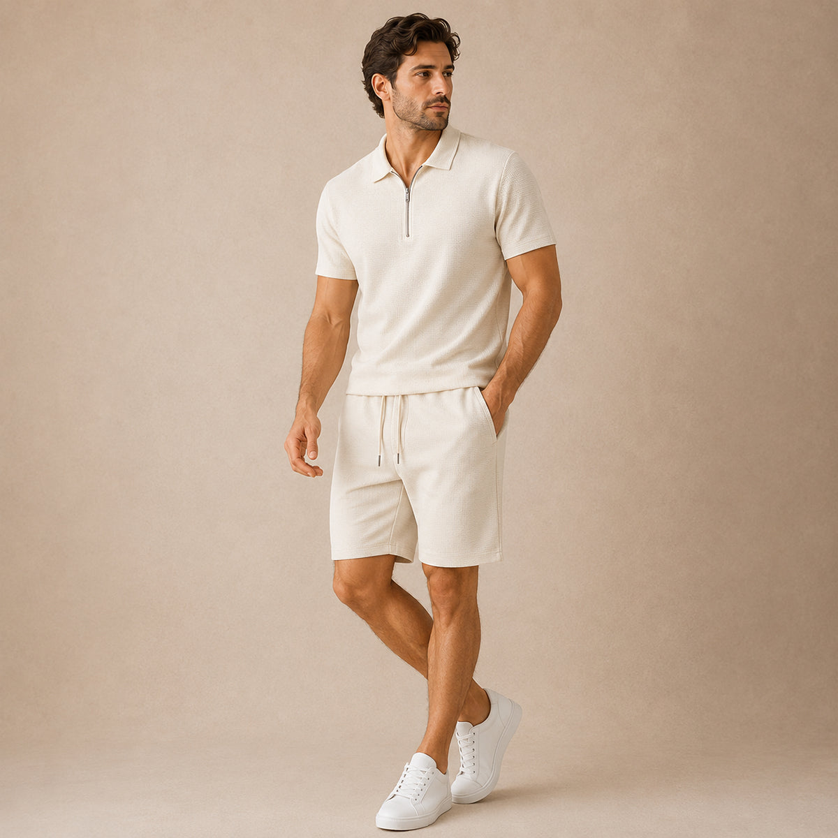 The Cheltenham Men’s Waffle Knit Zip-Up Shirt & Shorts Set