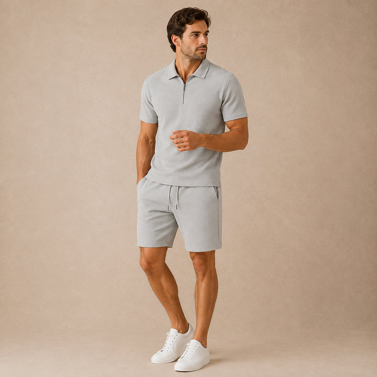 The Cheltenham Men’s Waffle Knit Zip-Up Shirt & Shorts Set