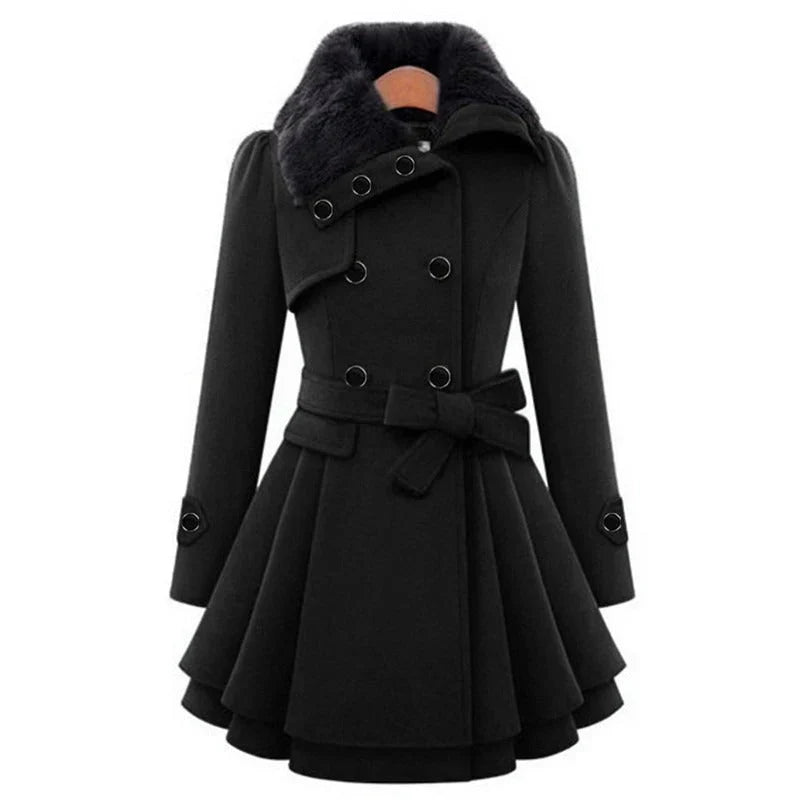 Women's Fur Collar Peacoat – Elegant Belted Fit &amp; Flare Winter Coat