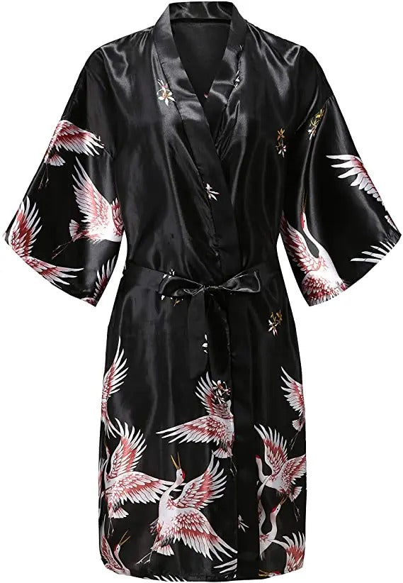 Women's Satin Dressing Gown – Floral Print Robe with Belt