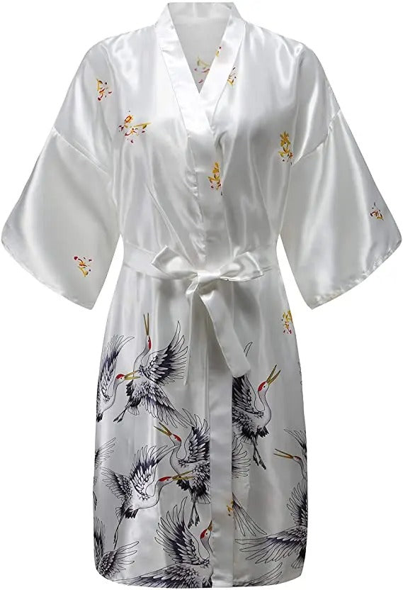Women's Satin Dressing Gown – Floral Print Robe with Belt