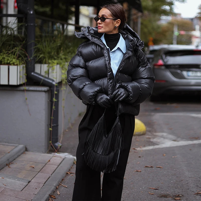Women's Cropped Puffer Jacket – Glossy Hooded Padded Coat