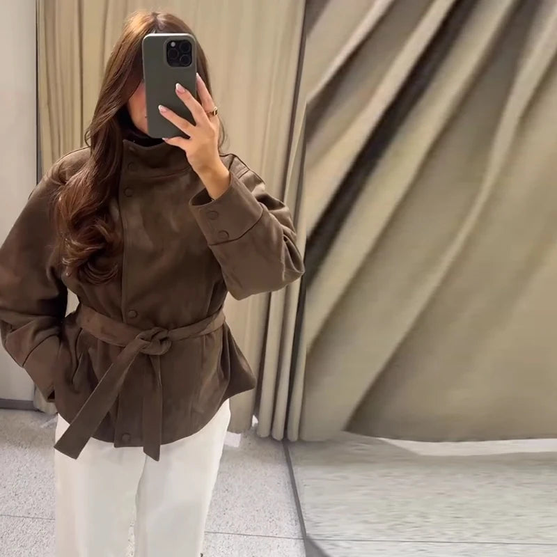 Women's Suede Jacket – Belted High Collar Brown Jacket